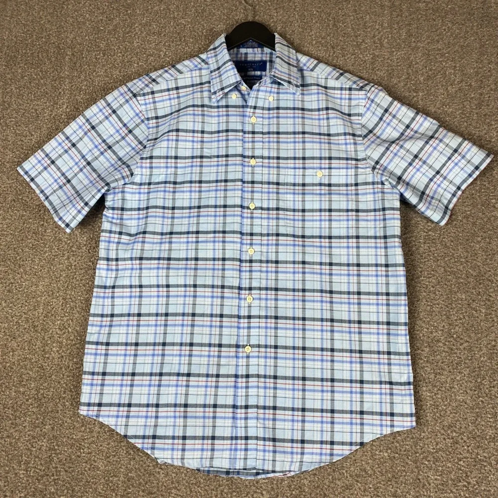 Towncraft‎ Mens Shirt Size M Blue Plaid Wrinkle Free Short Sleeve Button Up
